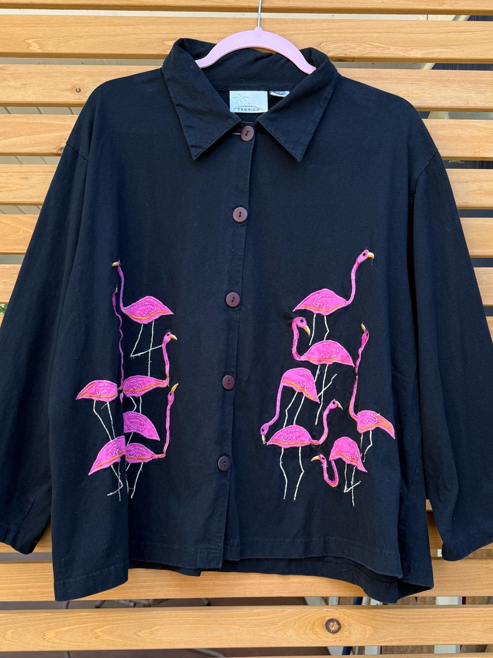 Black Button Shirt with Pink Flamingo Embroidery